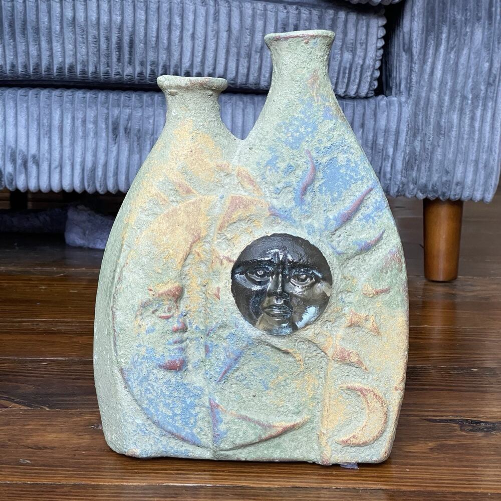 Vintage Art Pottery SUN & MOON w/ Glass Faces DOUBLE VASE MCM Terracotta Vessel